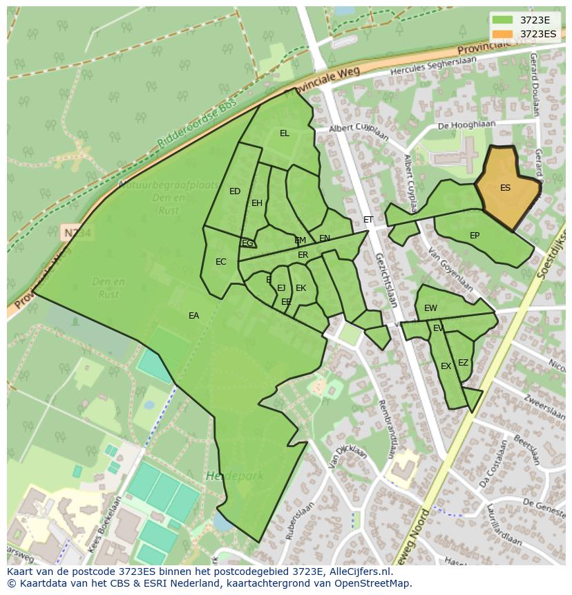 Afbeelding van het postcodegebied 3723 ES op de kaart.
