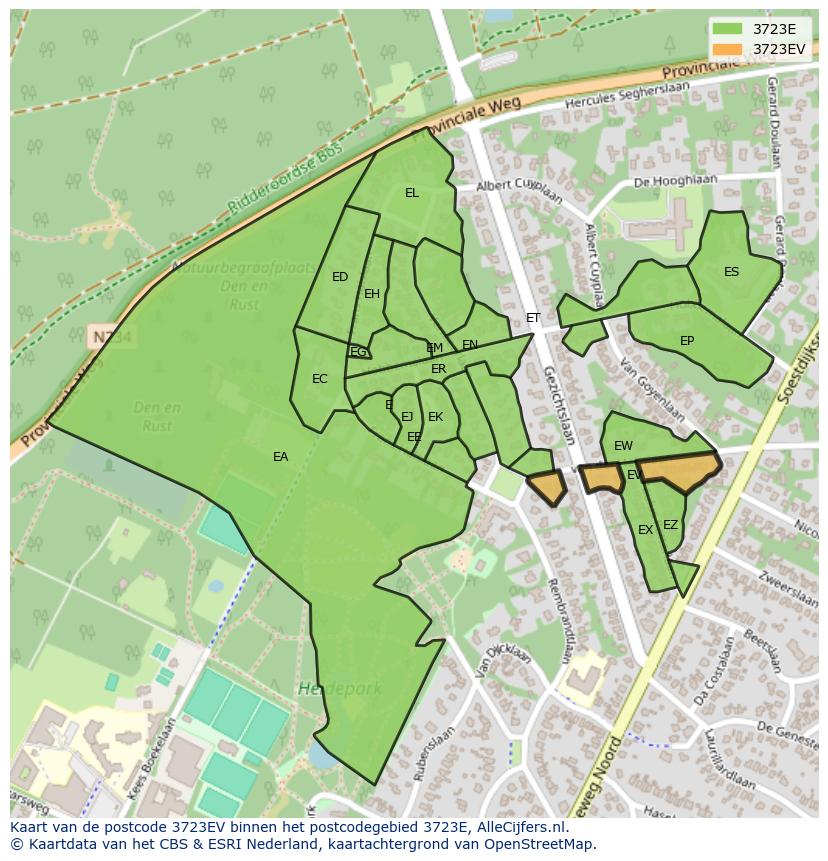 Afbeelding van het postcodegebied 3723 EV op de kaart.