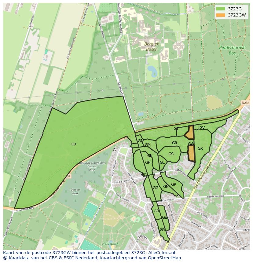 Afbeelding van het postcodegebied 3723 GW op de kaart.