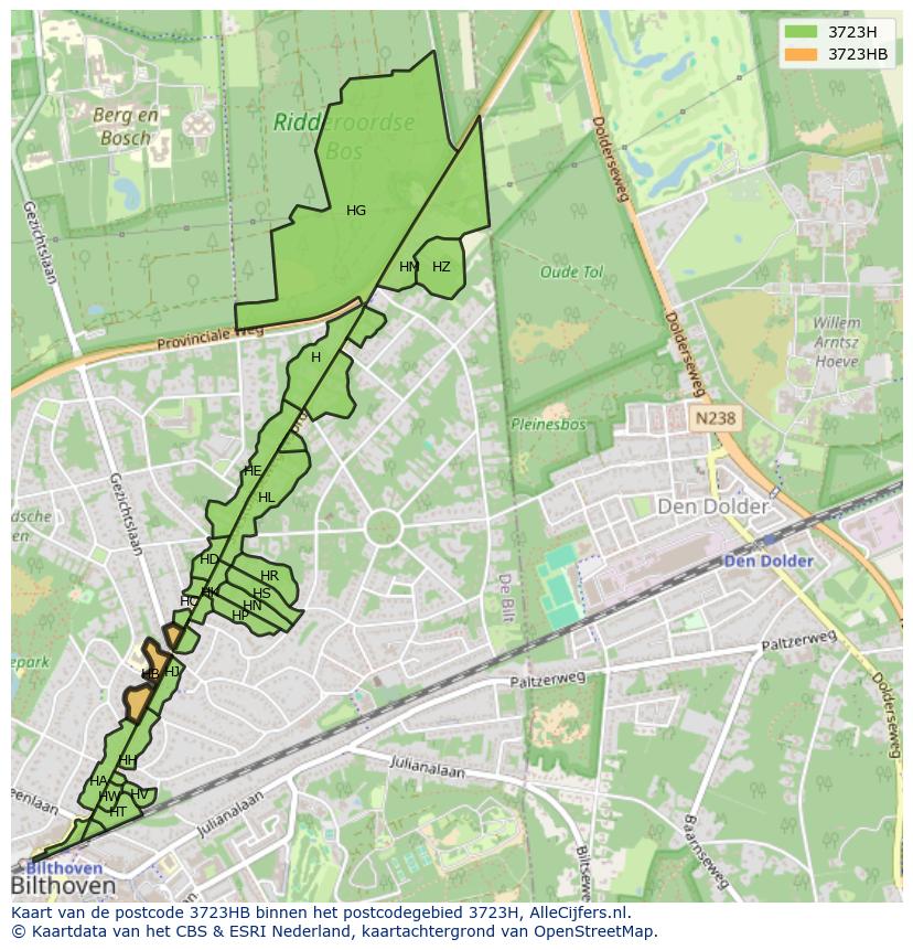 Afbeelding van het postcodegebied 3723 HB op de kaart.