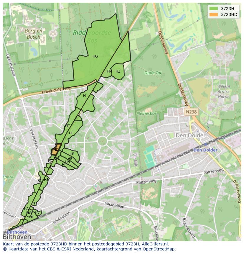 Afbeelding van het postcodegebied 3723 HD op de kaart.