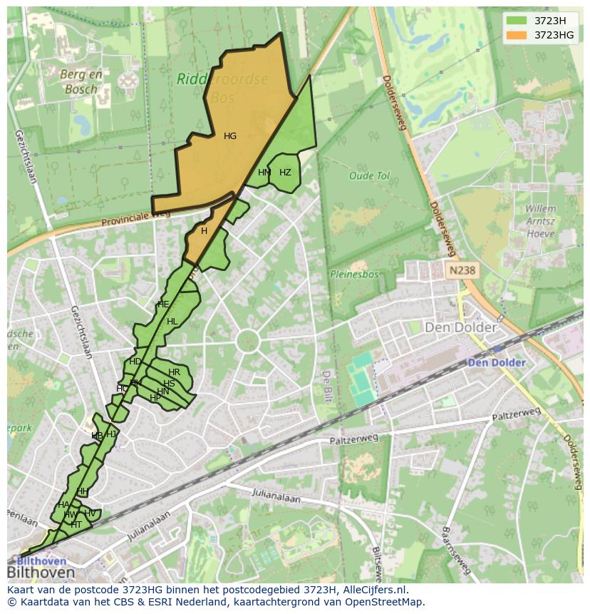 Afbeelding van het postcodegebied 3723 HG op de kaart.