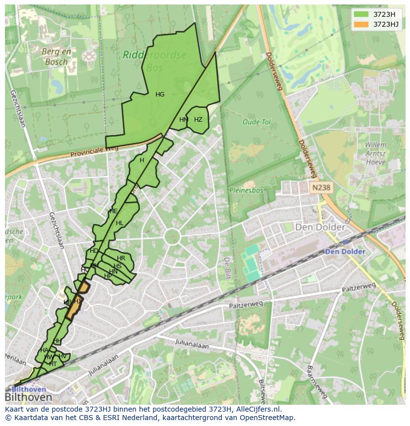 Afbeelding van het postcodegebied 3723 HJ op de kaart.