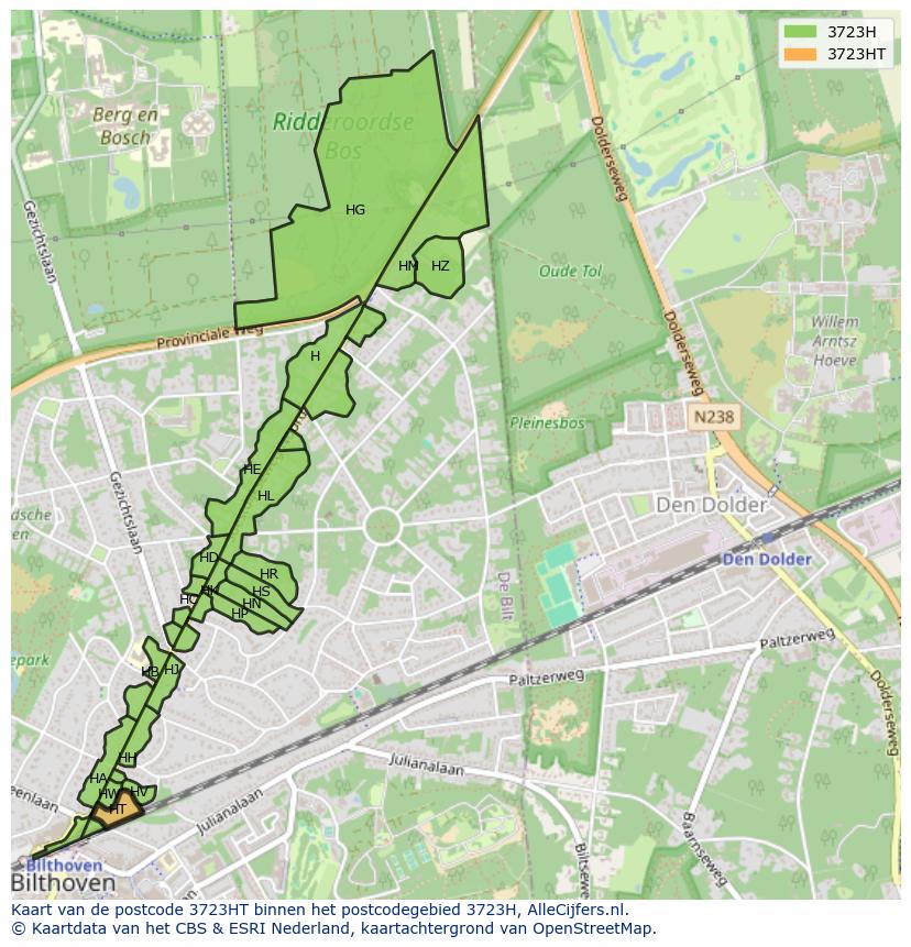 Afbeelding van het postcodegebied 3723 HT op de kaart.