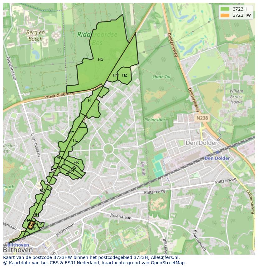 Afbeelding van het postcodegebied 3723 HW op de kaart.