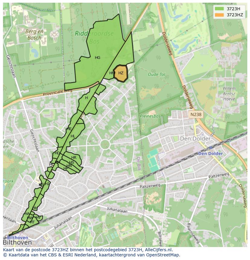 Afbeelding van het postcodegebied 3723 HZ op de kaart.