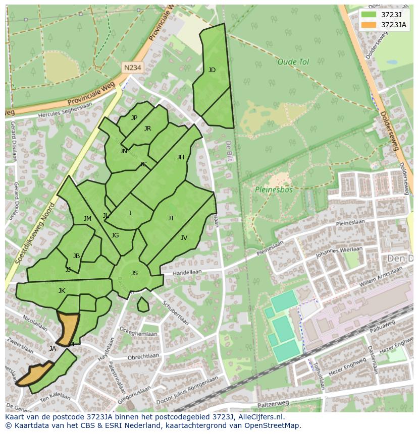 Afbeelding van het postcodegebied 3723 JA op de kaart.