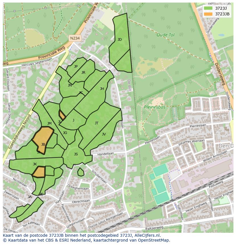 Afbeelding van het postcodegebied 3723 JB op de kaart.
