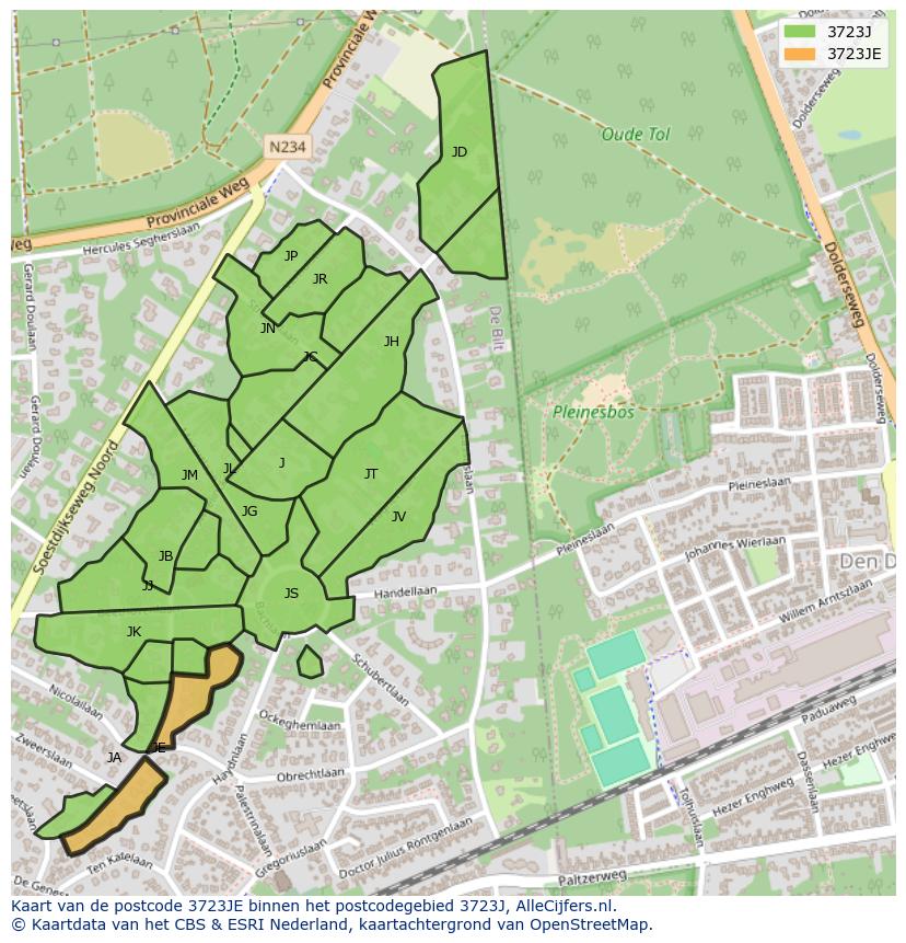 Afbeelding van het postcodegebied 3723 JE op de kaart.
