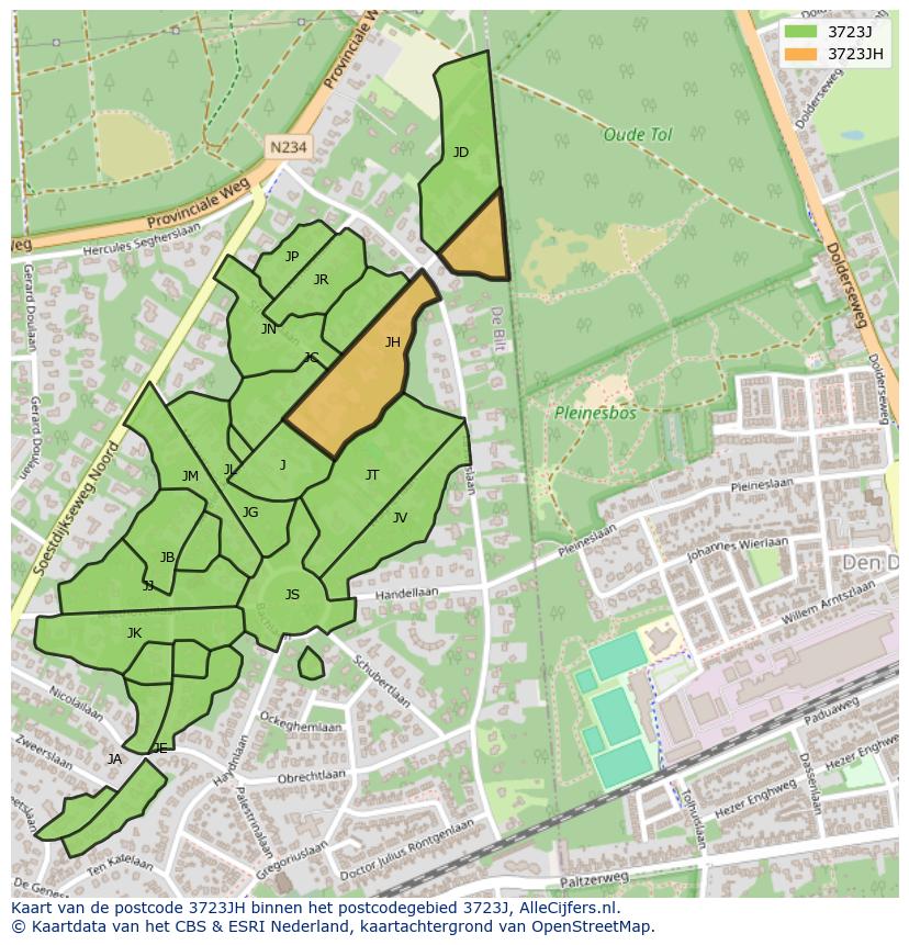 Afbeelding van het postcodegebied 3723 JH op de kaart.