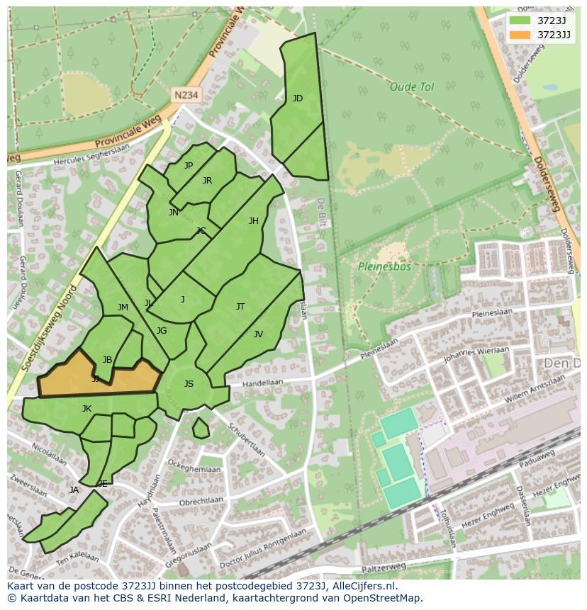 Afbeelding van het postcodegebied 3723 JJ op de kaart.