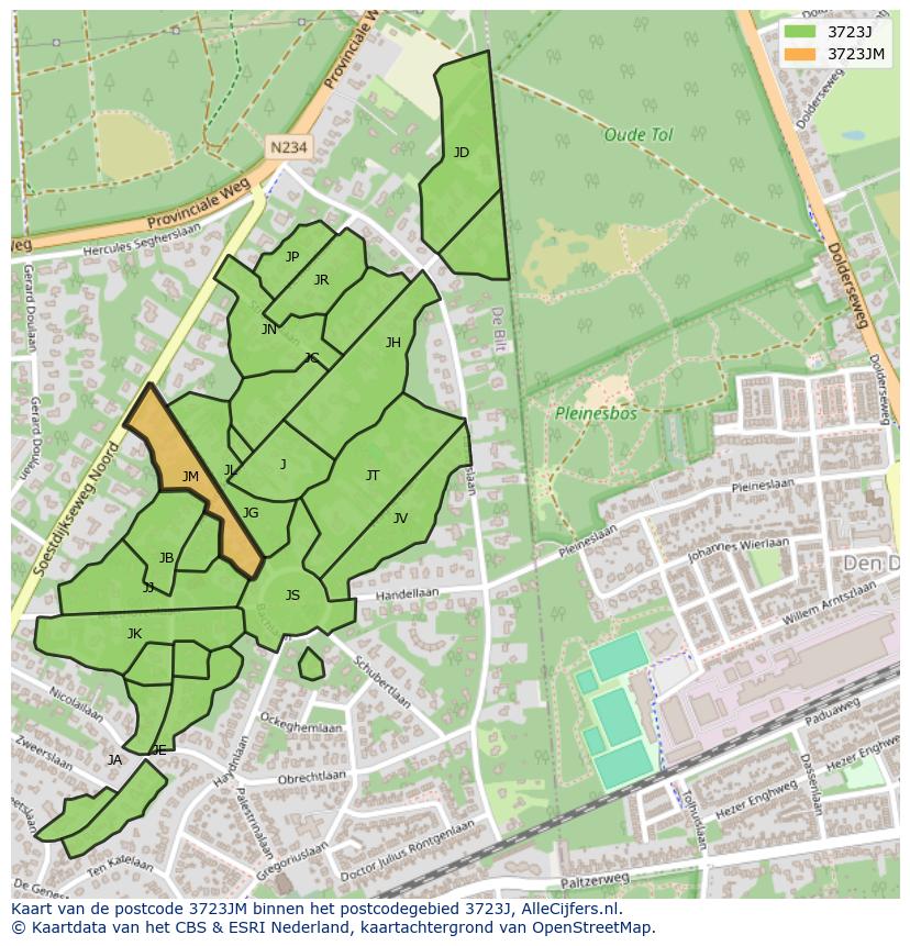 Afbeelding van het postcodegebied 3723 JM op de kaart.