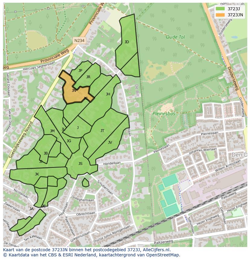 Afbeelding van het postcodegebied 3723 JN op de kaart.