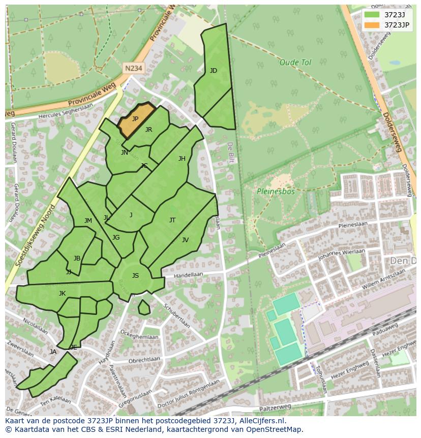 Afbeelding van het postcodegebied 3723 JP op de kaart.