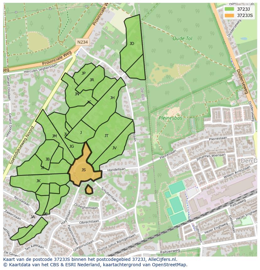 Afbeelding van het postcodegebied 3723 JS op de kaart.