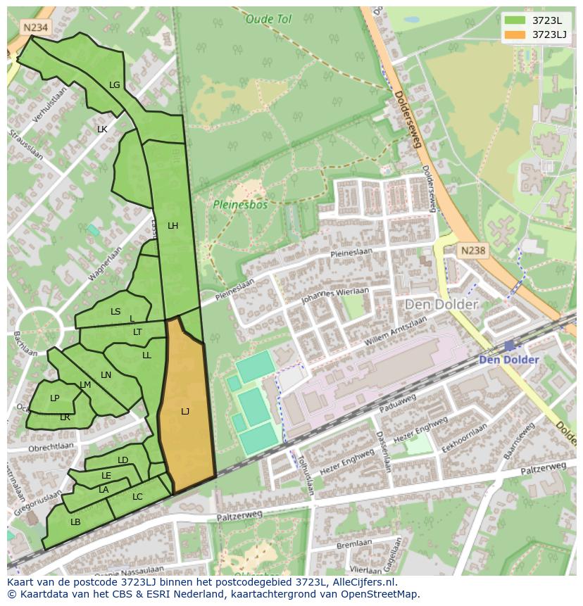 Afbeelding van het postcodegebied 3723 LJ op de kaart.