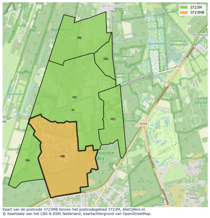Afbeelding van het postcodegebied 3723 MB op de kaart.