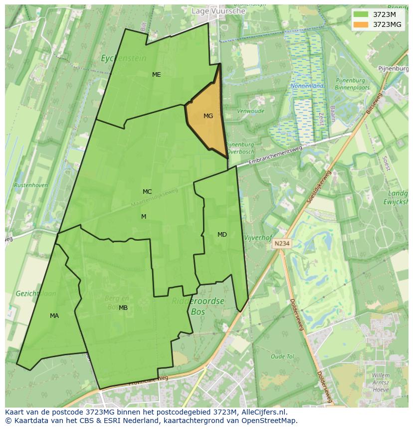 Afbeelding van het postcodegebied 3723 MG op de kaart.