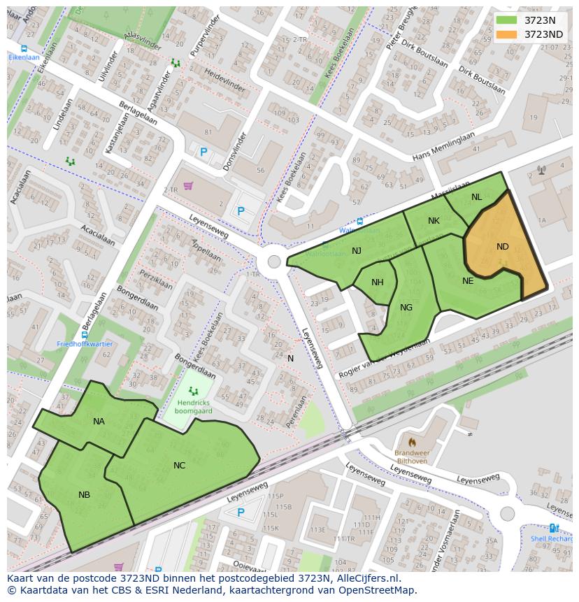 Afbeelding van het postcodegebied 3723 ND op de kaart.