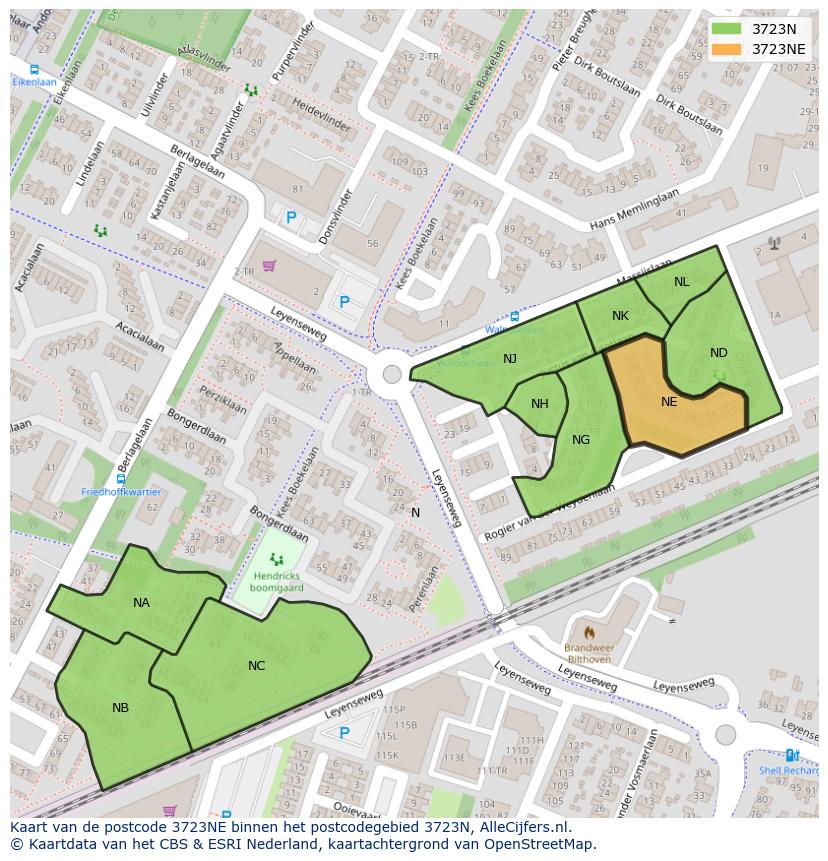 Afbeelding van het postcodegebied 3723 NE op de kaart.