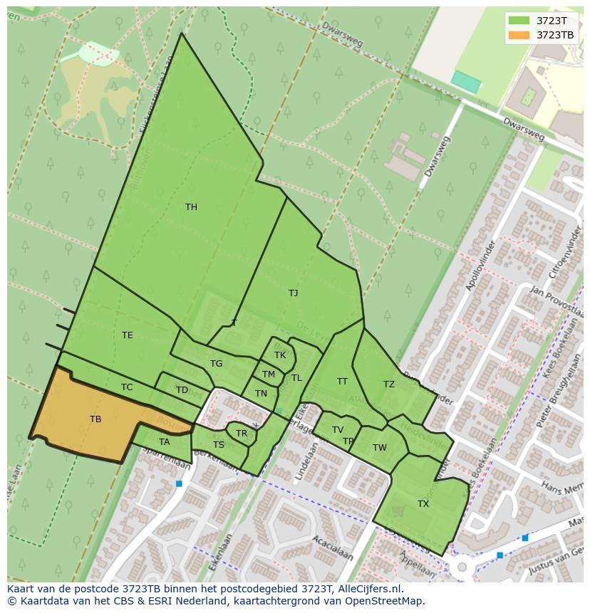 Afbeelding van het postcodegebied 3723 TB op de kaart.