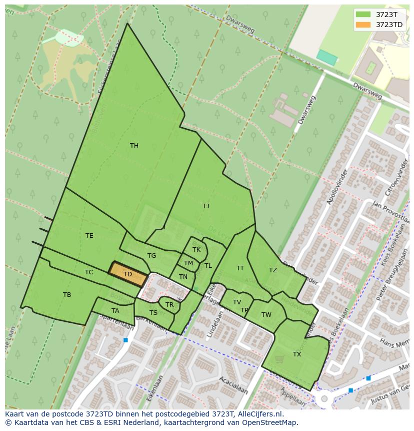 Afbeelding van het postcodegebied 3723 TD op de kaart.