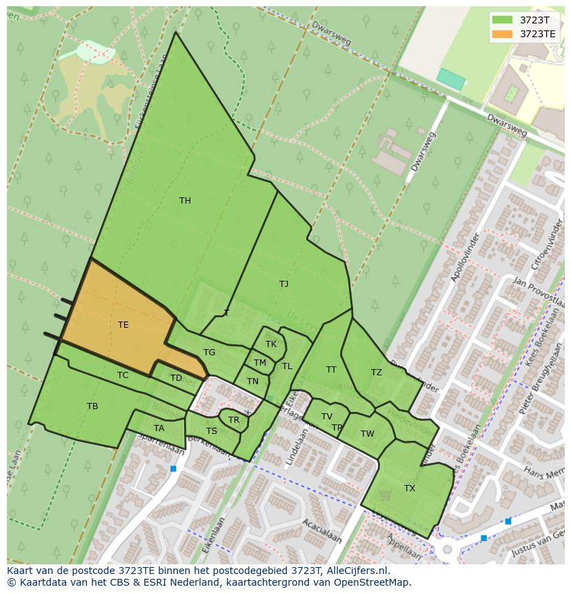 Afbeelding van het postcodegebied 3723 TE op de kaart.