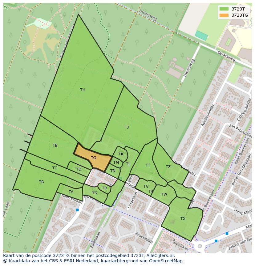 Afbeelding van het postcodegebied 3723 TG op de kaart.
