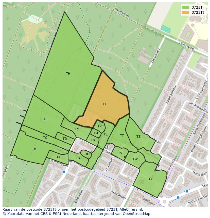 Afbeelding van het postcodegebied 3723 TJ op de kaart.