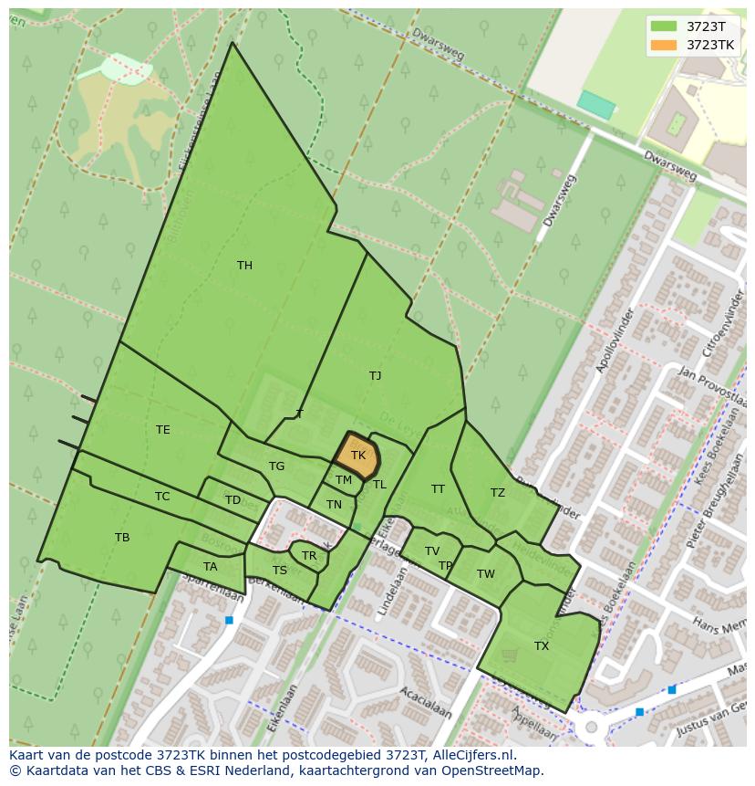 Afbeelding van het postcodegebied 3723 TK op de kaart.