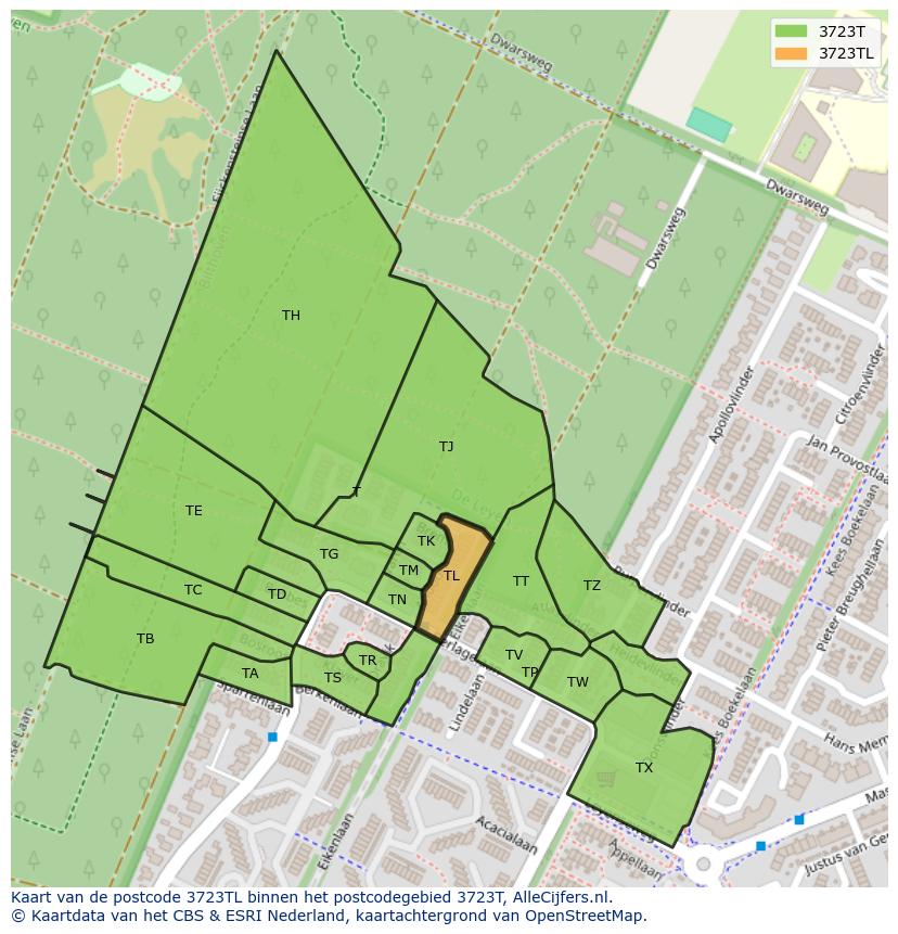 Afbeelding van het postcodegebied 3723 TL op de kaart.