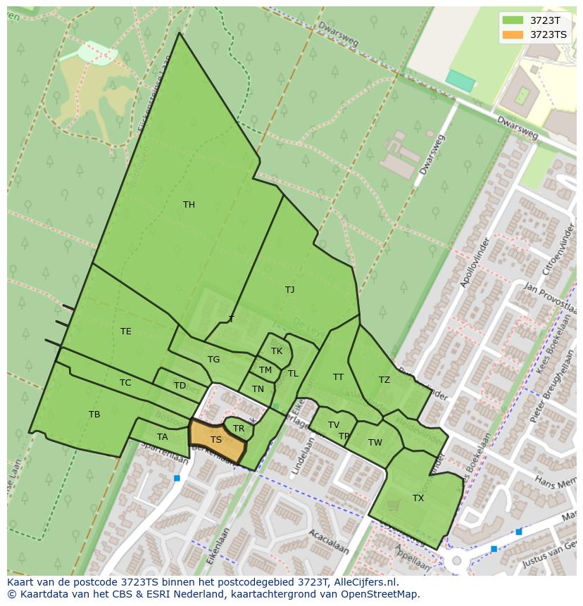 Afbeelding van het postcodegebied 3723 TS op de kaart.