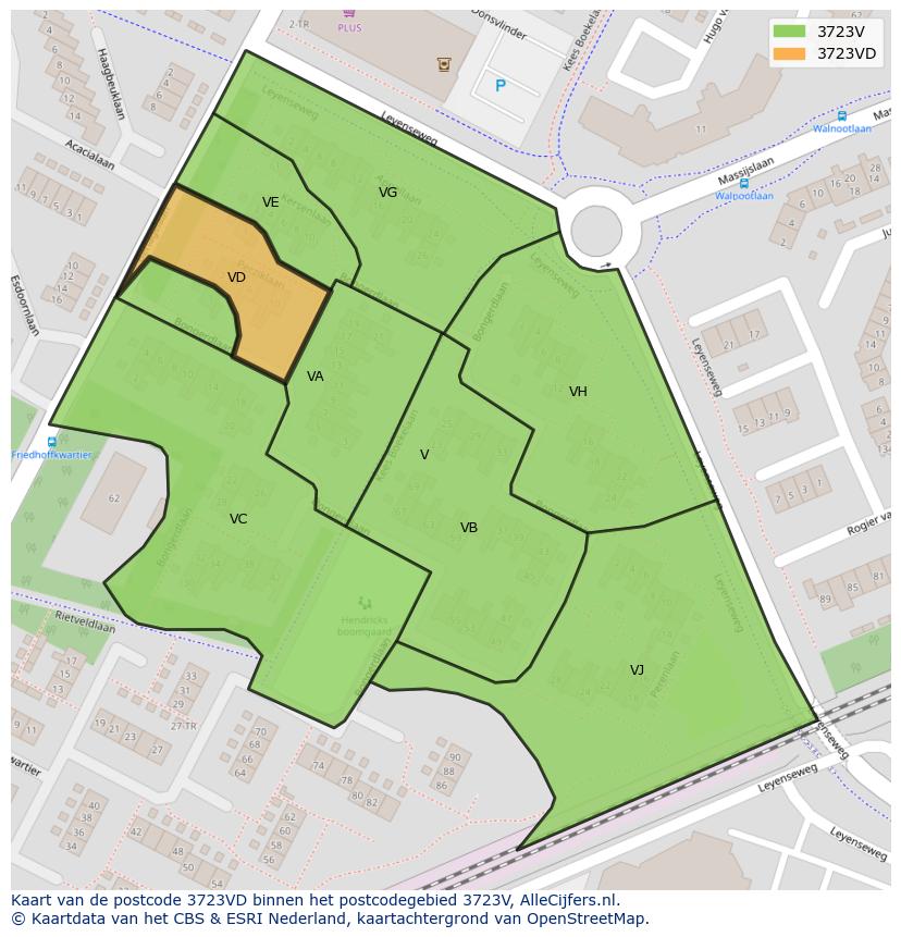 Afbeelding van het postcodegebied 3723 VD op de kaart.