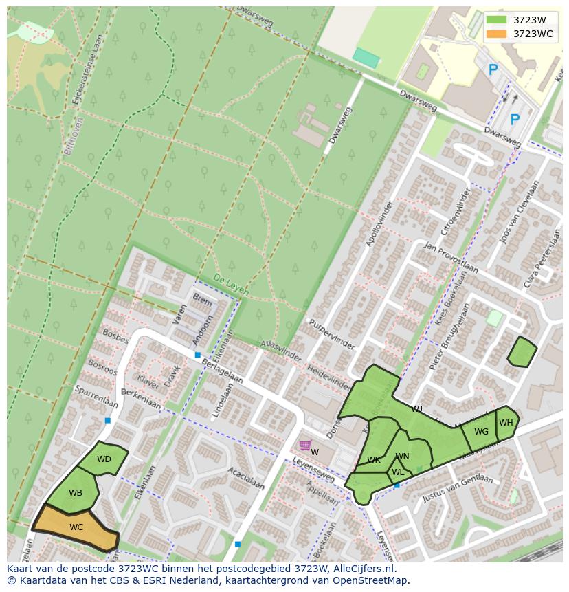 Afbeelding van het postcodegebied 3723 WC op de kaart.