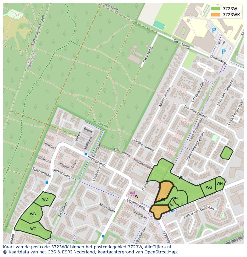 Afbeelding van het postcodegebied 3723 WK op de kaart.
