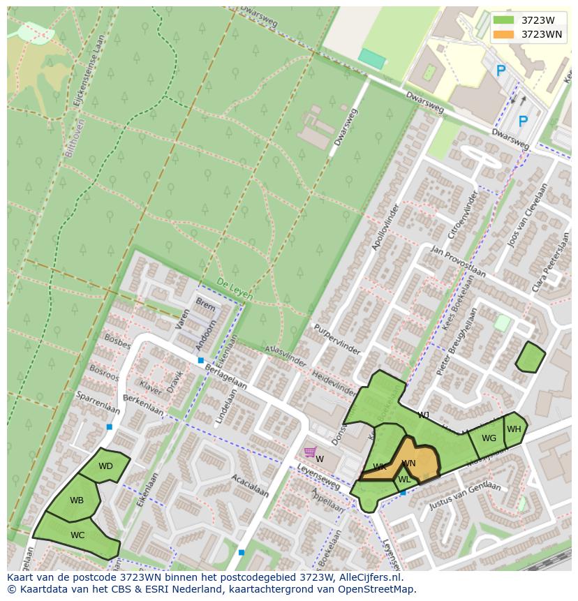 Afbeelding van het postcodegebied 3723 WN op de kaart.