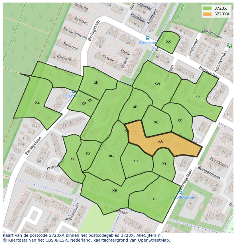 Afbeelding van het postcodegebied 3723 XA op de kaart.