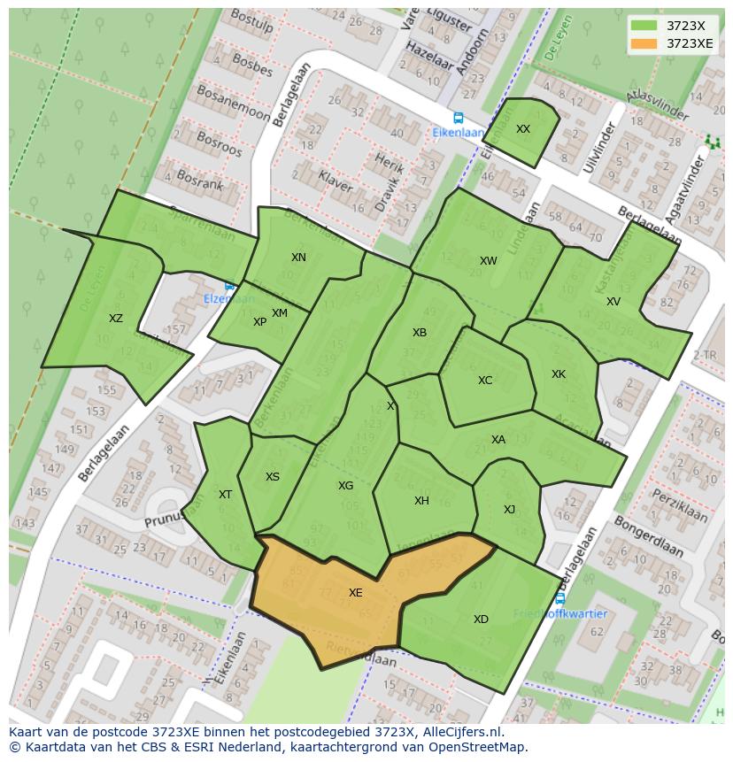 Afbeelding van het postcodegebied 3723 XE op de kaart.