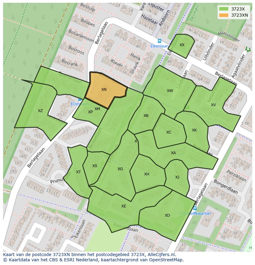Afbeelding van het postcodegebied 3723 XN op de kaart.
