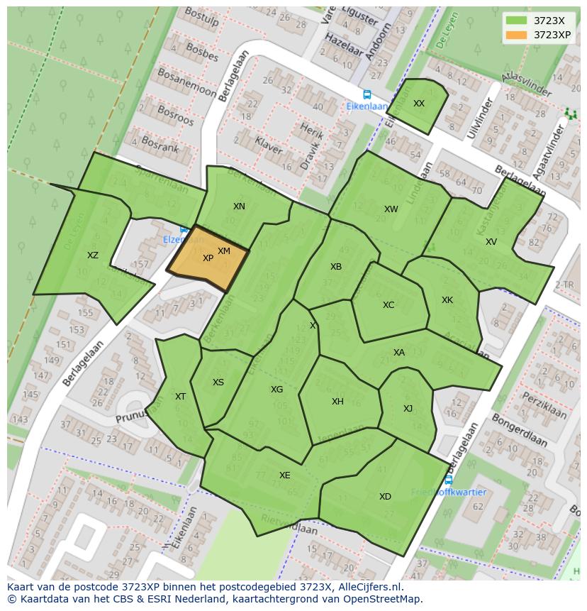 Afbeelding van het postcodegebied 3723 XP op de kaart.