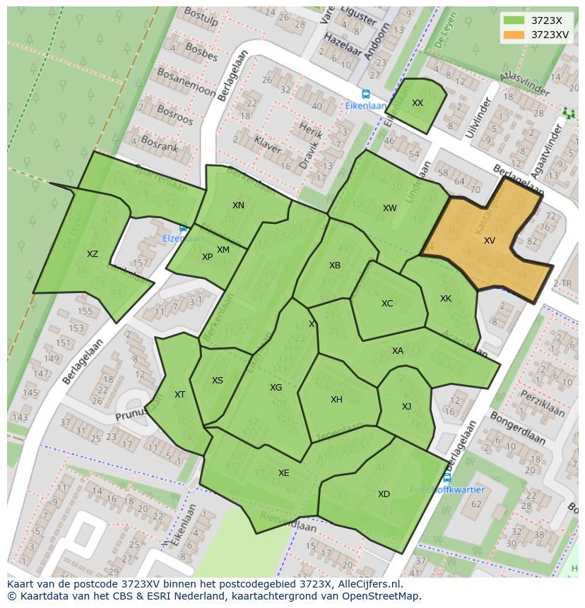 Afbeelding van het postcodegebied 3723 XV op de kaart.