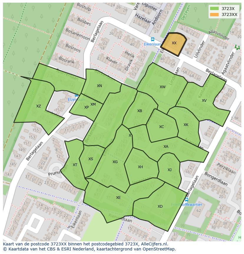Afbeelding van het postcodegebied 3723 XX op de kaart.