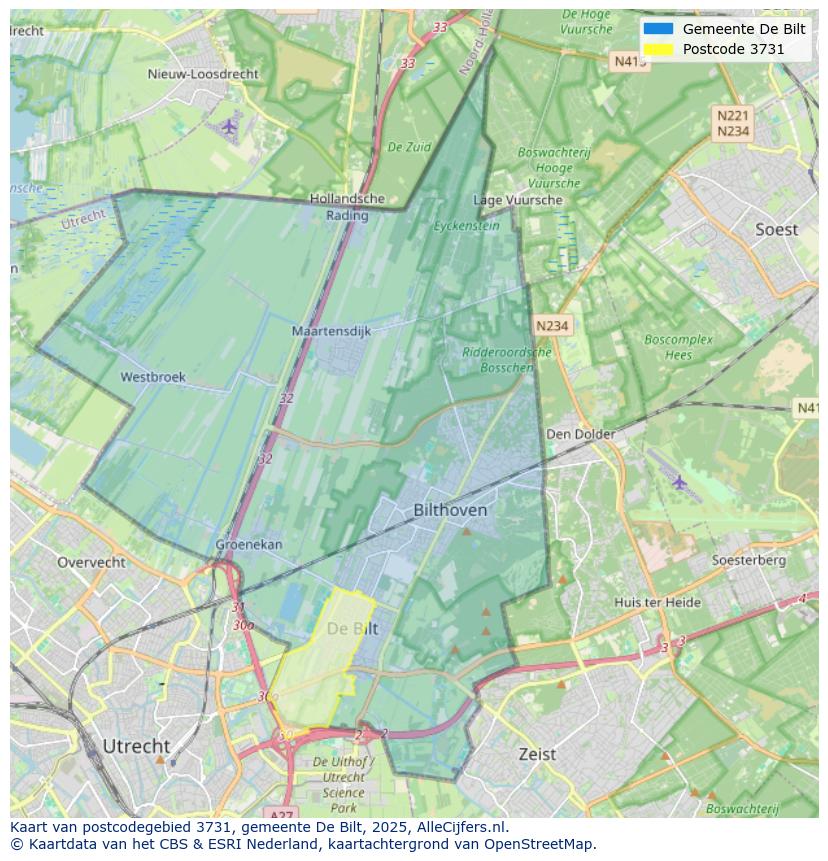 Afbeelding van het postcodegebied 3731 op de kaart.