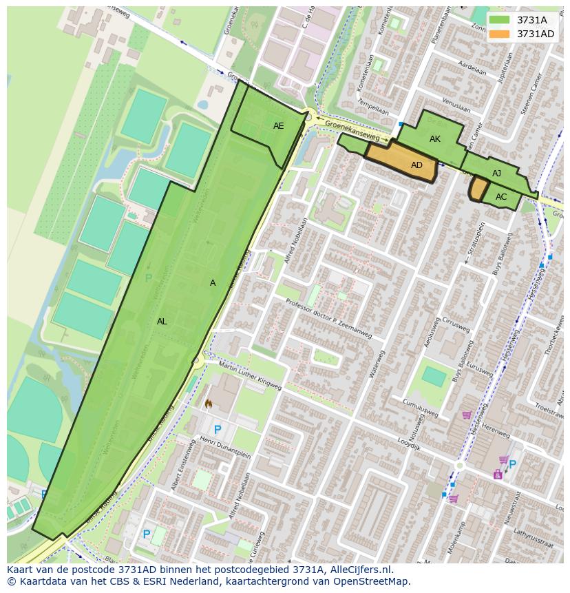 Afbeelding van het postcodegebied 3731 AD op de kaart.