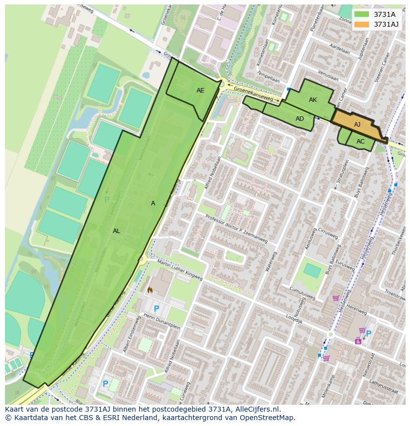 Afbeelding van het postcodegebied 3731 AJ op de kaart.