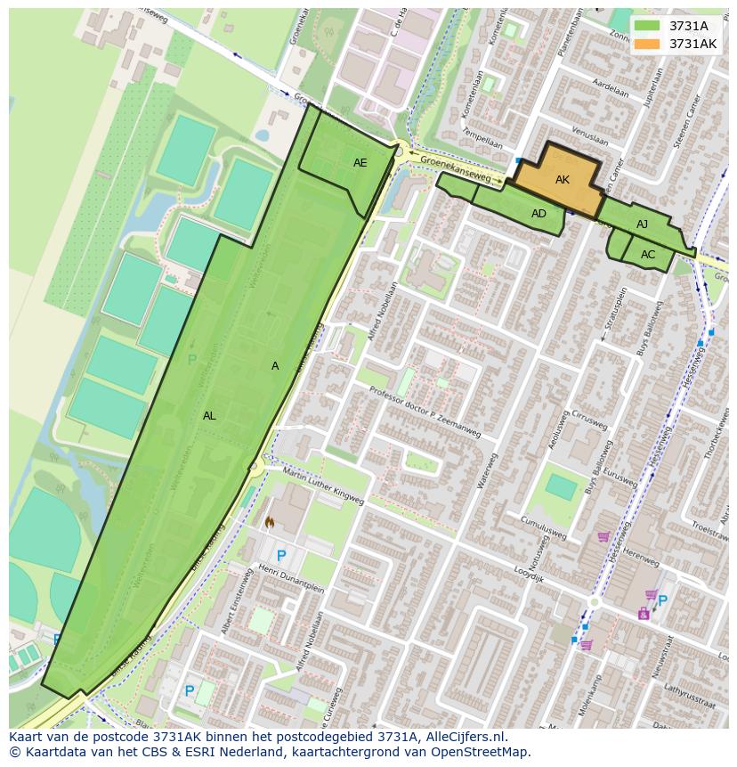 Afbeelding van het postcodegebied 3731 AK op de kaart.