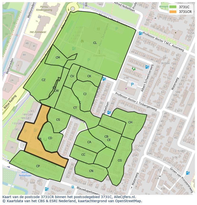 Afbeelding van het postcodegebied 3731 CR op de kaart.