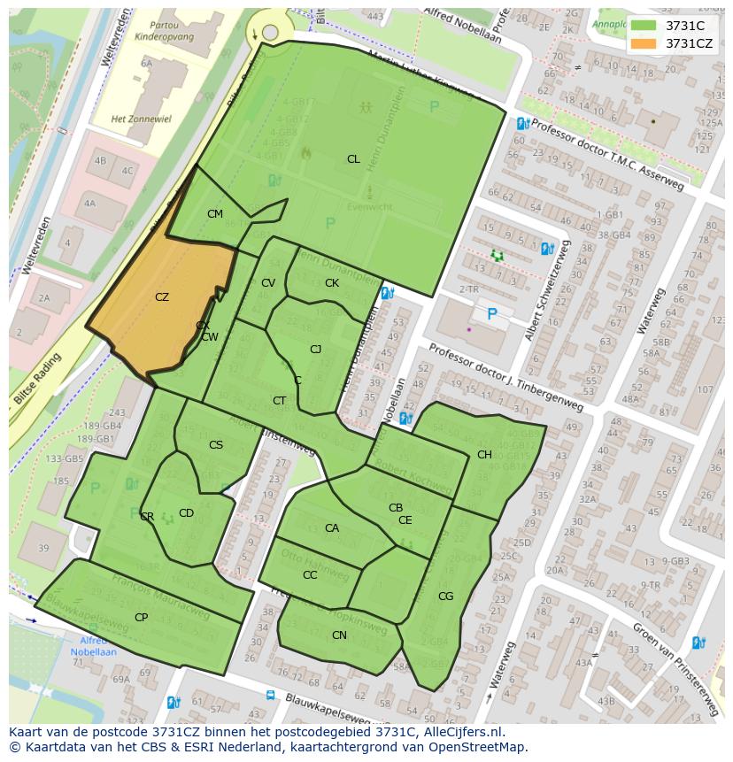 Afbeelding van het postcodegebied 3731 CZ op de kaart.