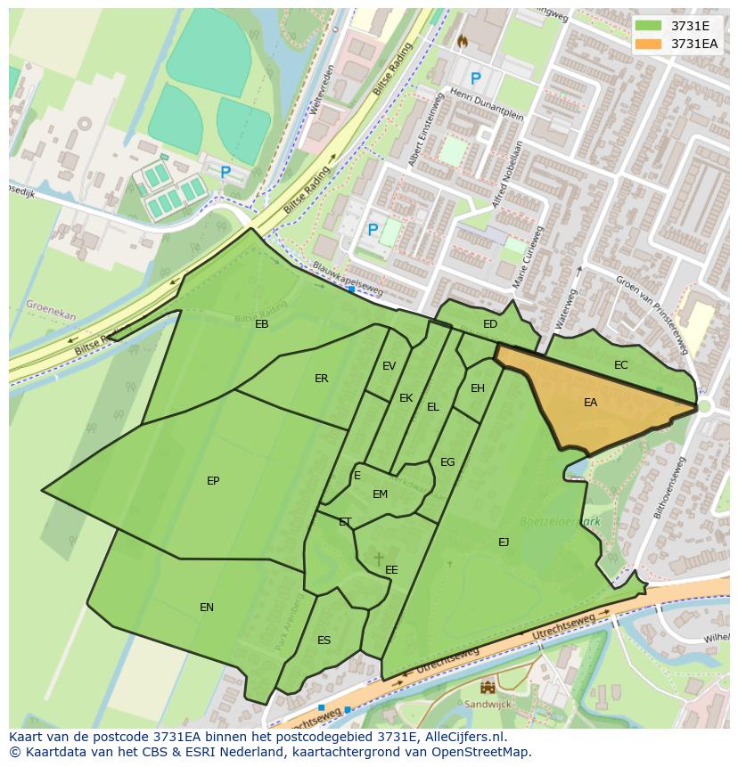 Afbeelding van het postcodegebied 3731 EA op de kaart.