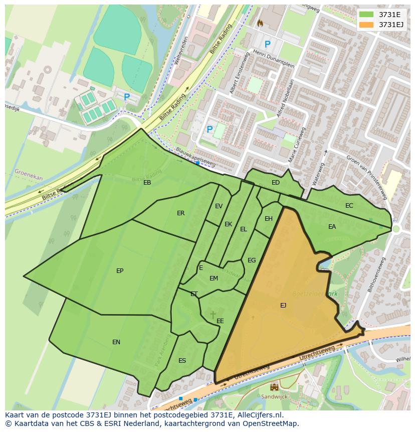Afbeelding van het postcodegebied 3731 EJ op de kaart.